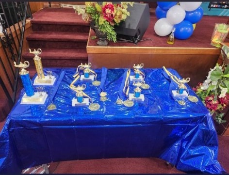Academic awards and trophies on display